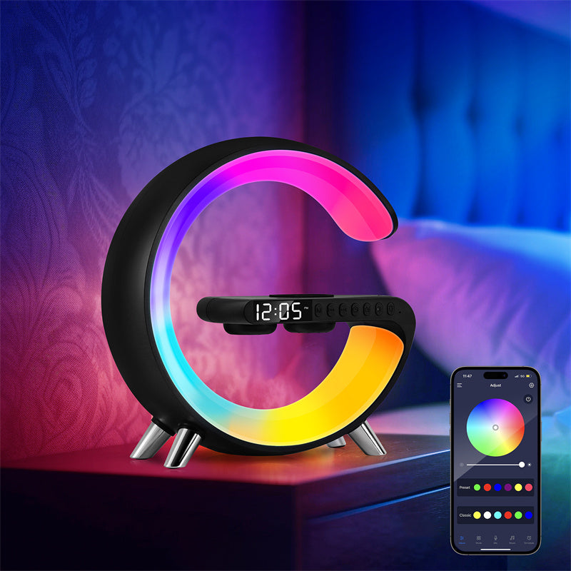 G Shape LED Lamp Bluetooth Speaker Wireless Charger RGB Night Light Alarm Clock Smart Bedside Lamp