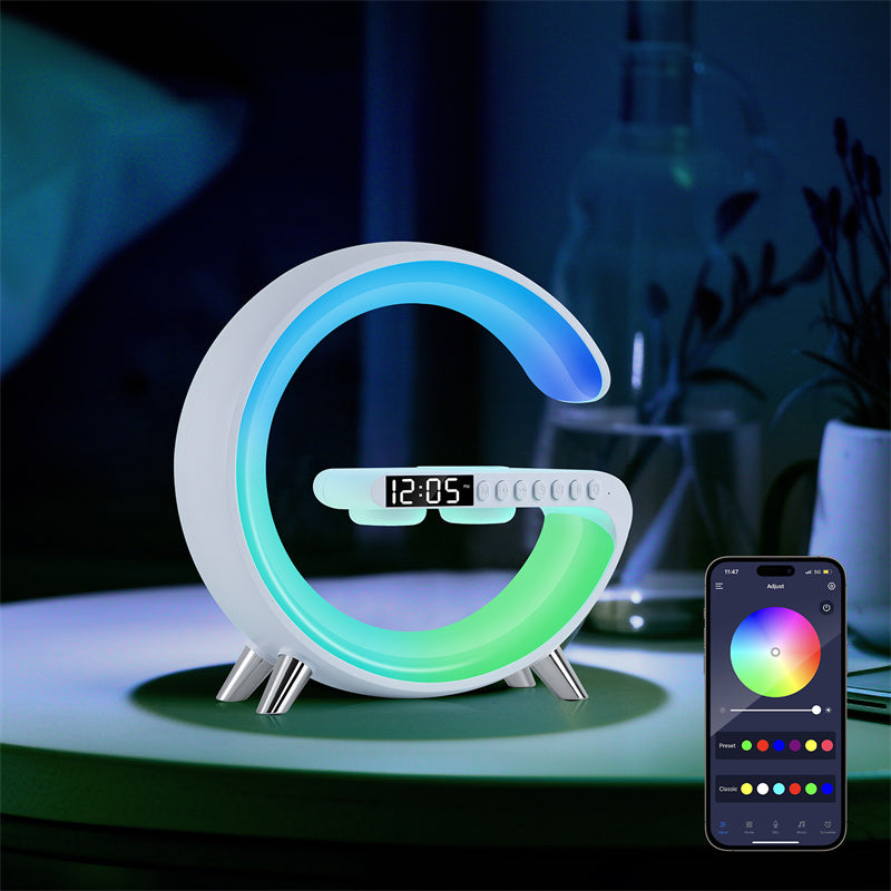 G Shape LED Lamp Bluetooth Speaker Wireless Charger RGB Night Light Alarm Clock Smart Bedside Lamp