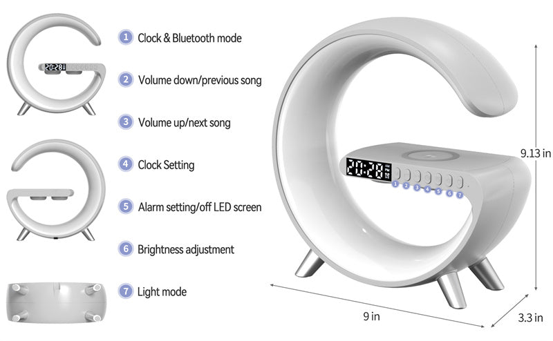 G Shape LED Lamp Bluetooth Speaker Wireless Charger RGB Night Light Alarm Clock Smart Bedside Lamp