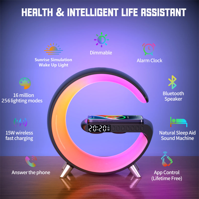 G Shape LED Lamp Bluetooth Speaker Wireless Charger RGB Night Light Alarm Clock Smart Bedside Lamp