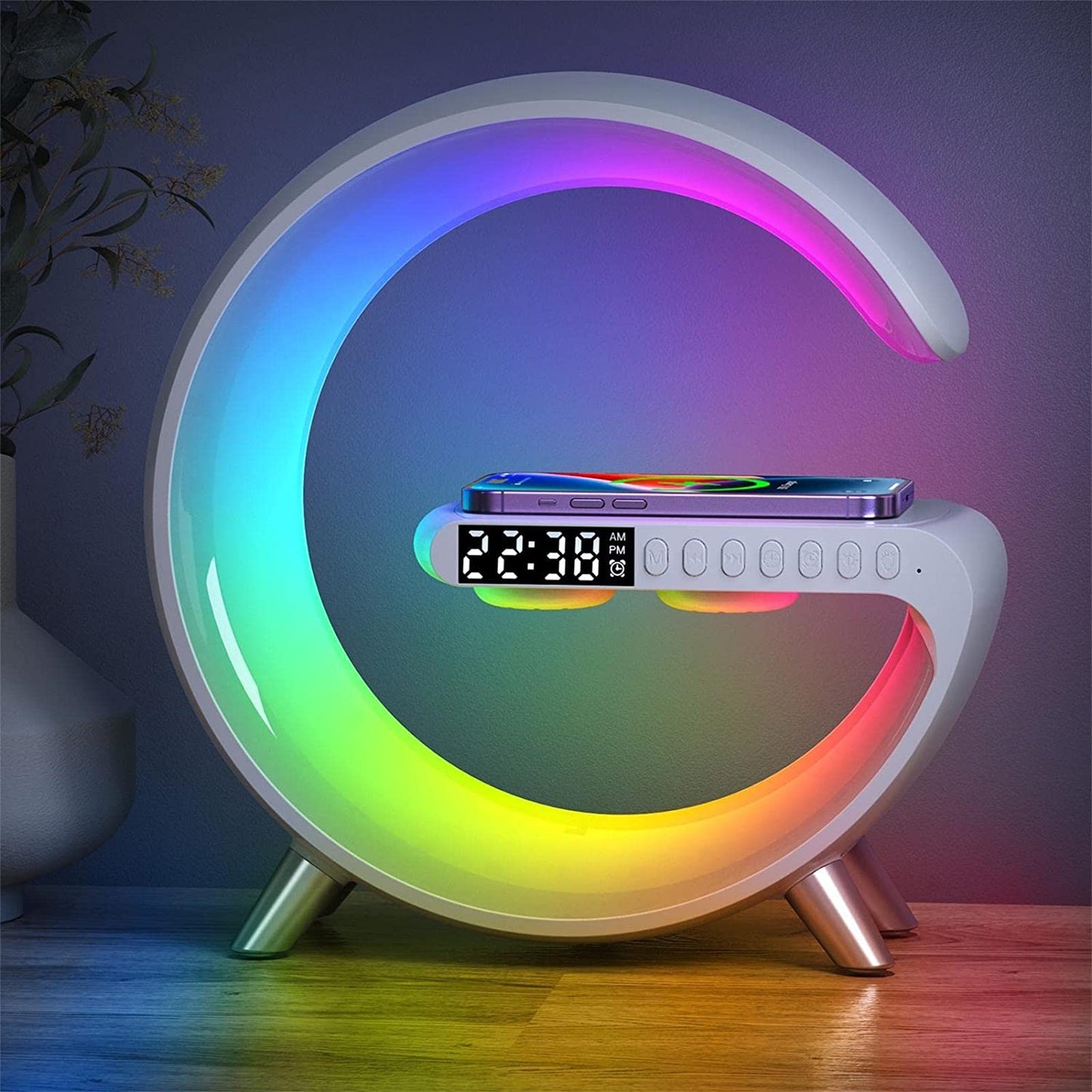 G Shape LED Lamp Bluetooth Speaker Wireless Charger RGB Night Light Alarm Clock Smart Bedside Lamp